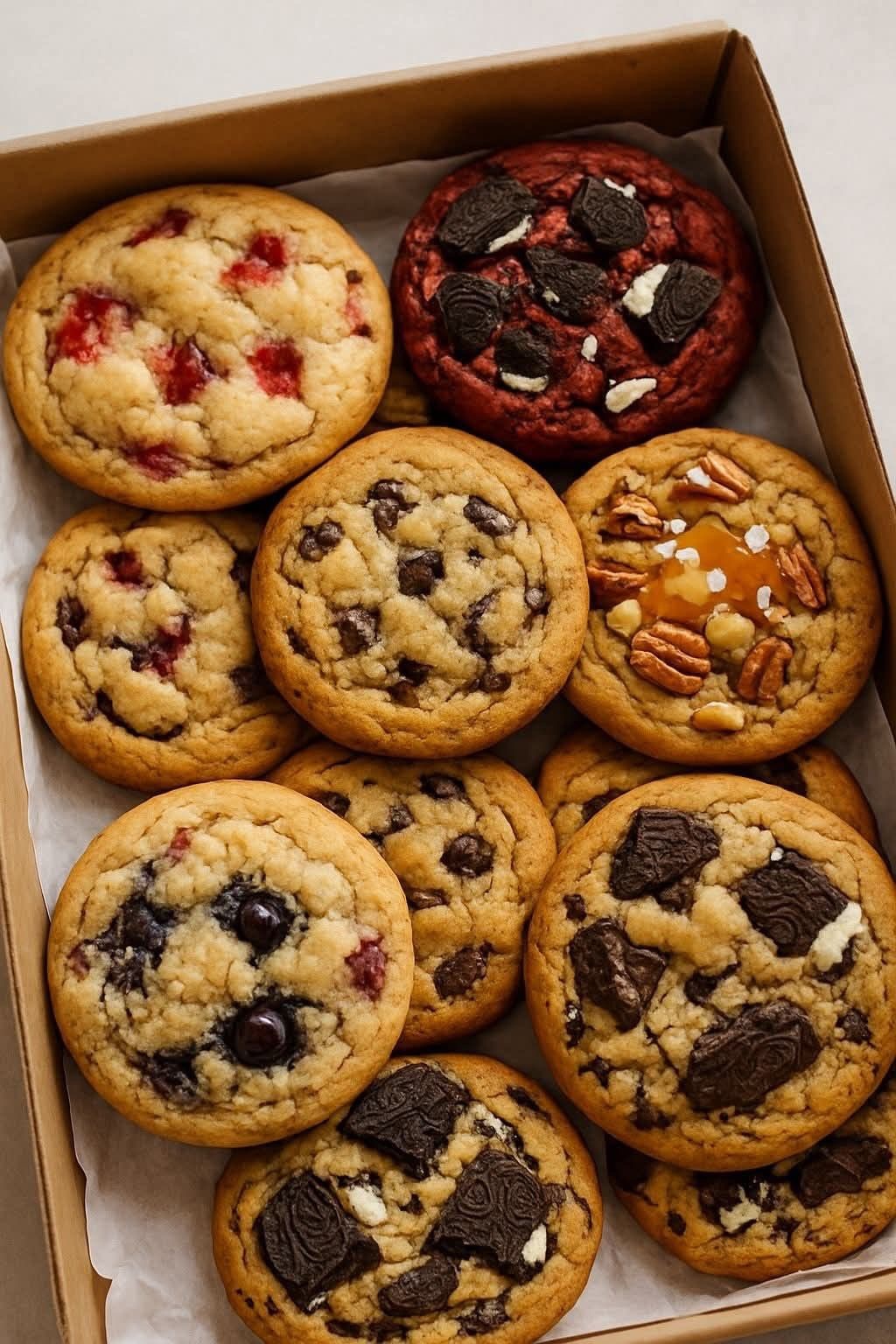 Cookies signature fruits rouges, chocolat, noisette et caramel | Taasty Cakes Cookies signature fruits rouges, chocolat, noisette et caramel — Une sélection de cookies généreux associant fruits rouges, pépites de chocolat, éclats de biscuits et noix de pécan cara | Taasty Cakes