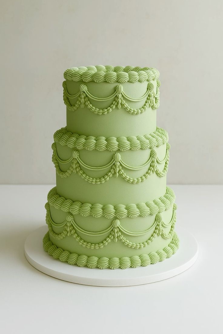 Wedding Cake vintage vert sauge | Taasty Cakes Wedding Cake vintage vert sauge — Une pièce montée à trois étages dans un délicat vert sauge, entièrement décorée de volants et de détails rétro. Une créa | Taasty Cakes
